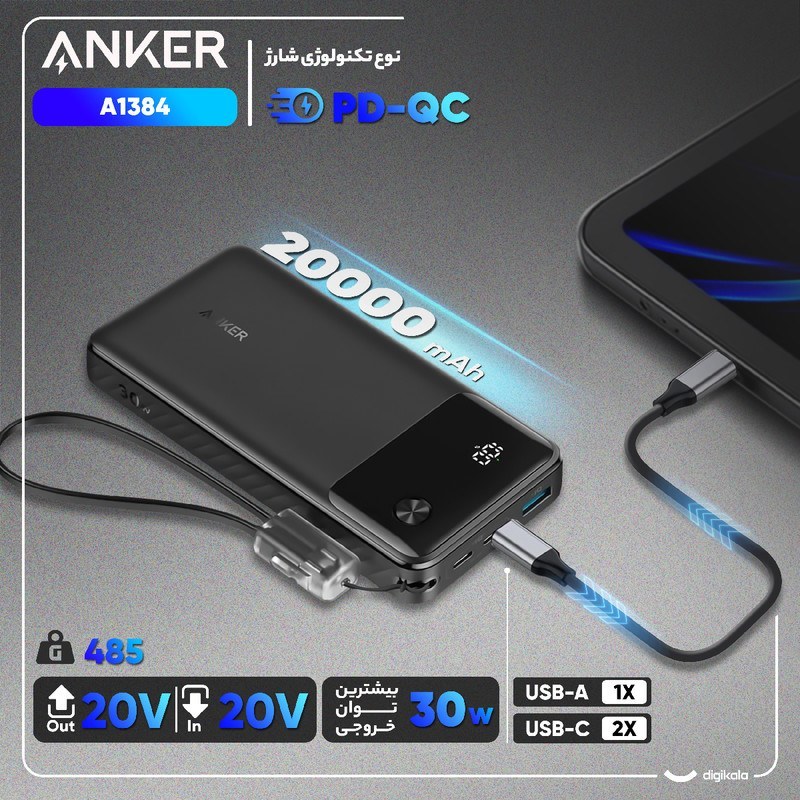 پاوربانک انکر Anker 20000 فست شارژ 33W مدل A1384 اورجینال